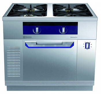 Modular Cooking Range Line thermaline 90 - 4-Burner Gas Top on Passthrough Static Gas Oven, 2 Sides, H=700 (Town Gas) (Code 593346)