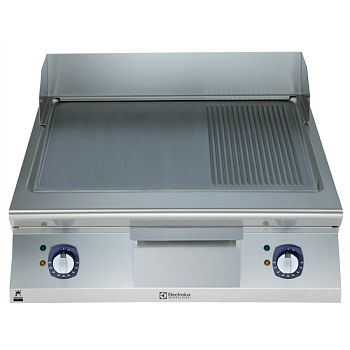 ELECTRIC FRYTOP SMOOTH+RIBBED SLOPED 800MM-BRUSHED CHROME (CODE 391358)